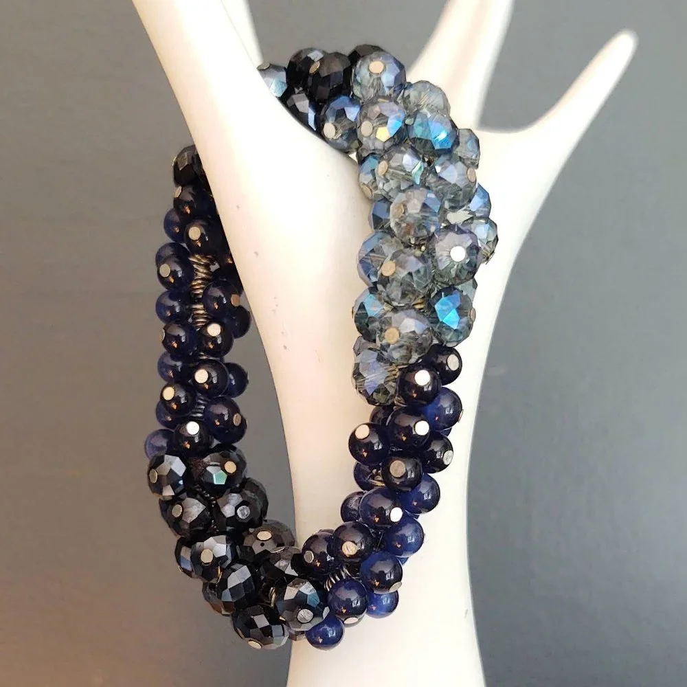 Blue glass and crystal beaded stretch bracelet